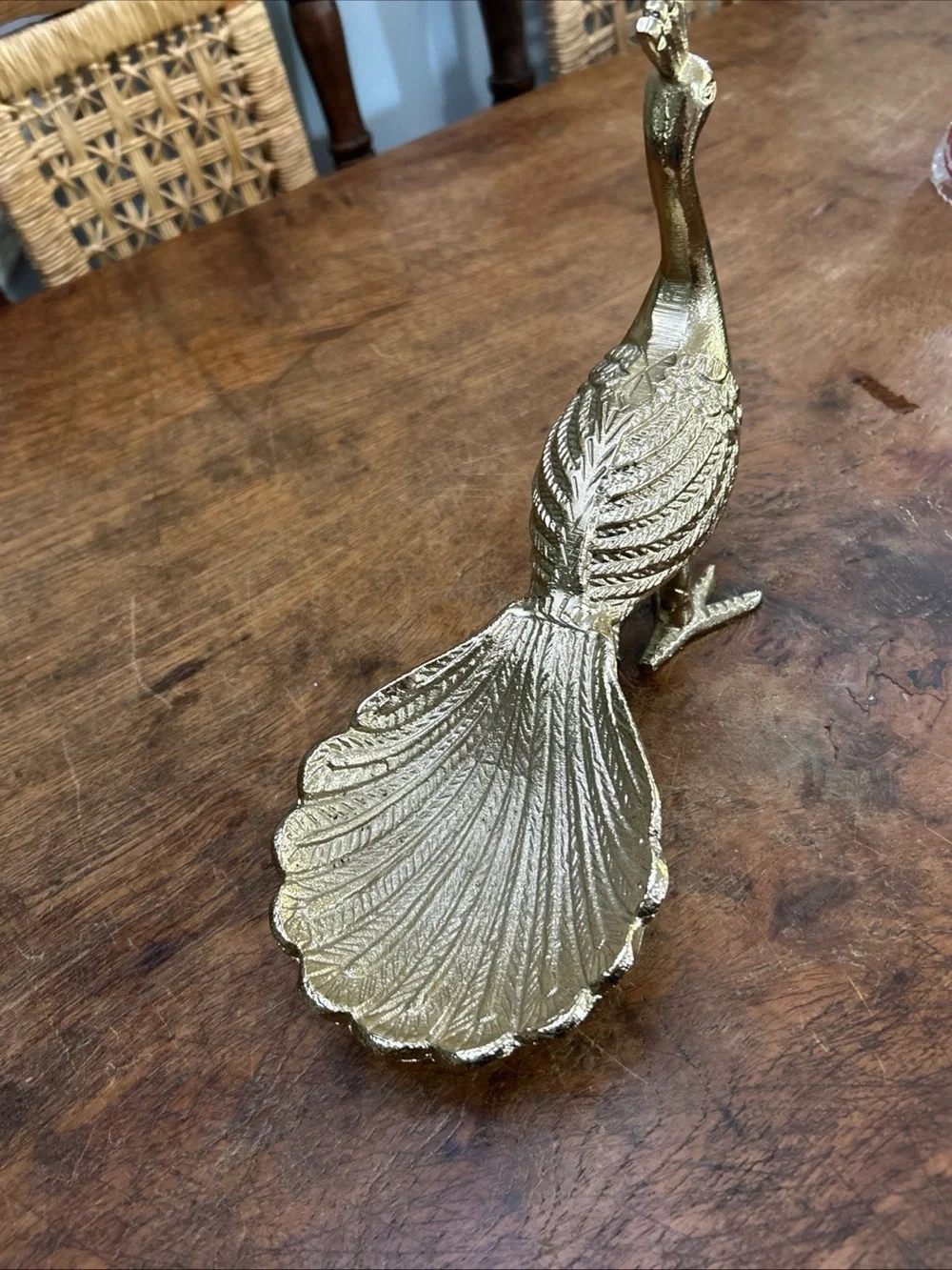 Vintage Gold Brass Peacock Trinket Dish MCM Jewelry Holder, 10x8.5x5 Inches